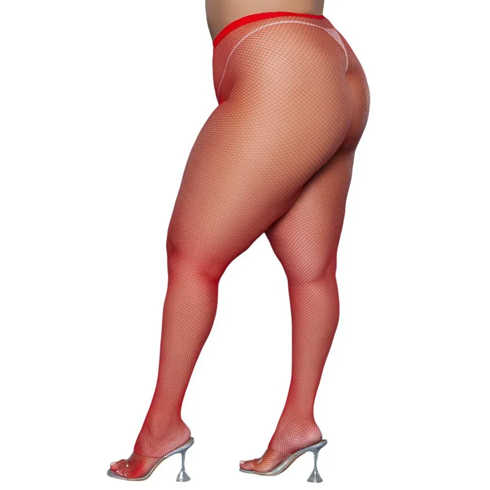 High Waisted Fishnet Pantyhose - Red